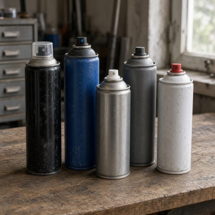 A cluster of aerosol spray cans on a workbench