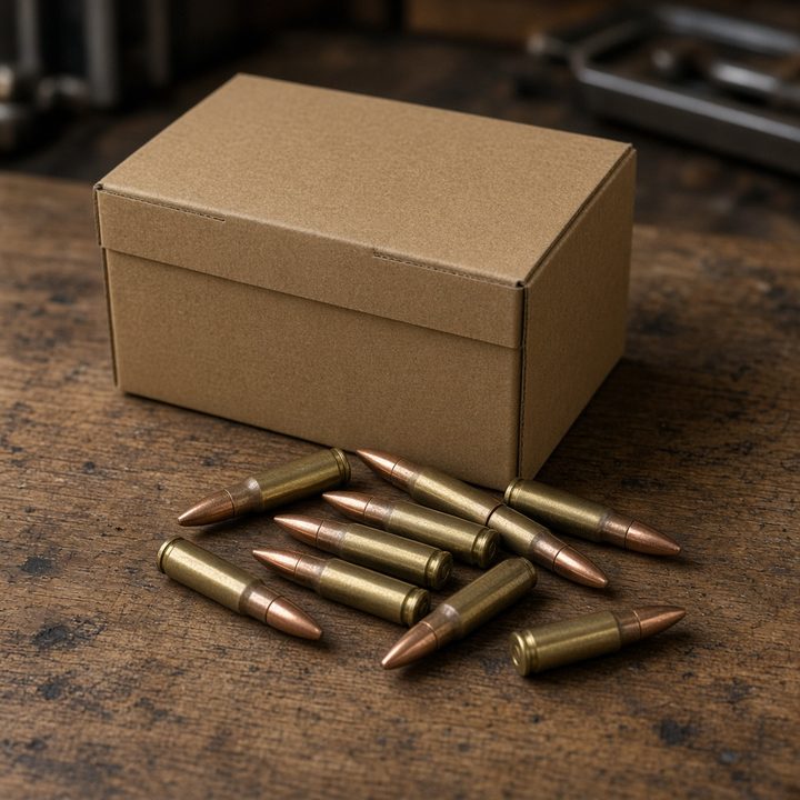 A closed cardboard box with cartridges on a wooden table