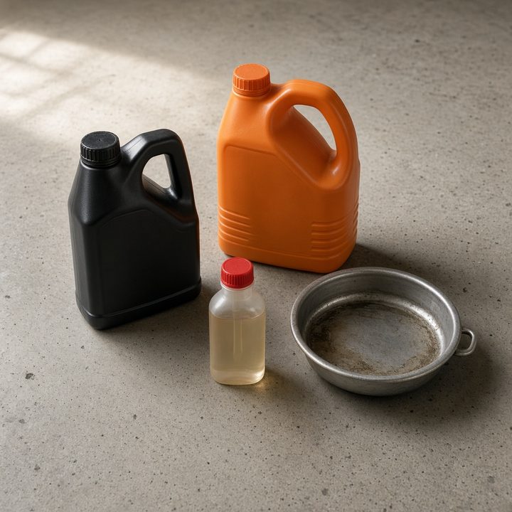 Motor oil, antifreeze, and a drain pan on a garage floor