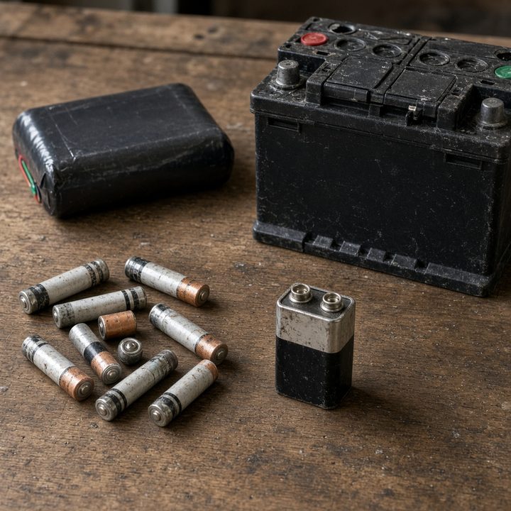 AA batteries, a 9-volt battery, and a car battery on a workbench
