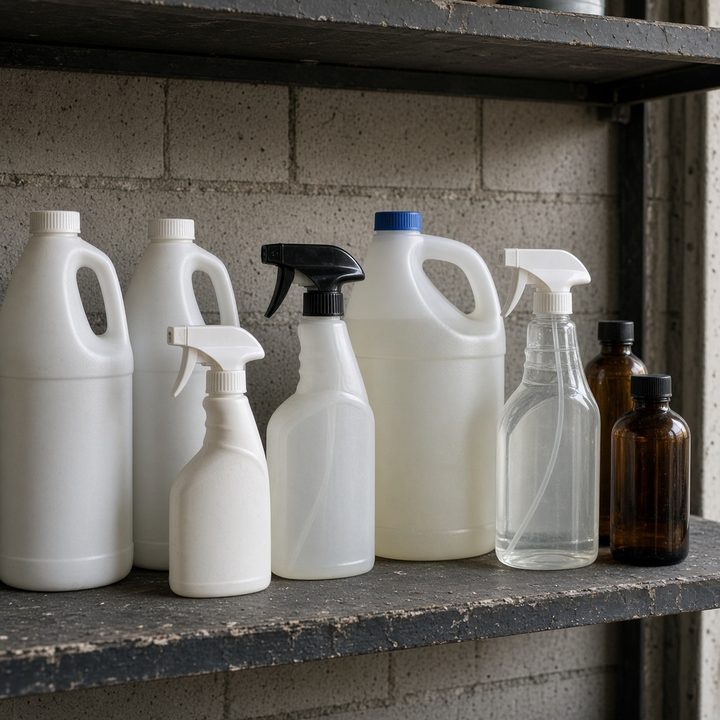 Household cleaner bottles and solvent jugs on a shelf