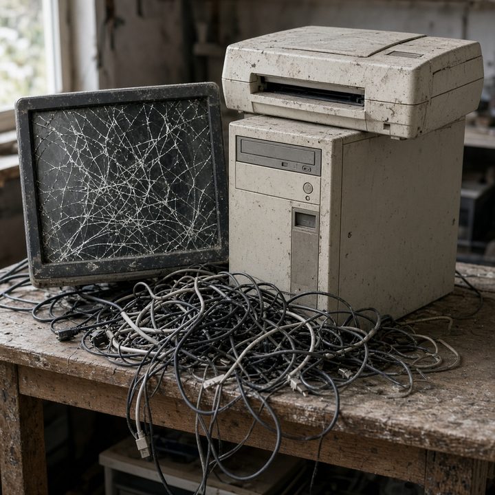 A cracked monitor, old computer, printer, and tangled cables