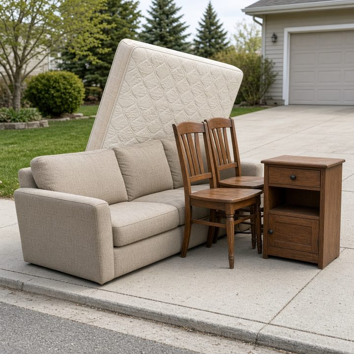 A sofa, mattress, dining chairs, and a nightstand at the curb