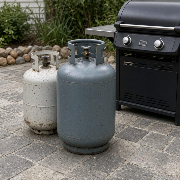 Two propane tanks standing next to a gas grill