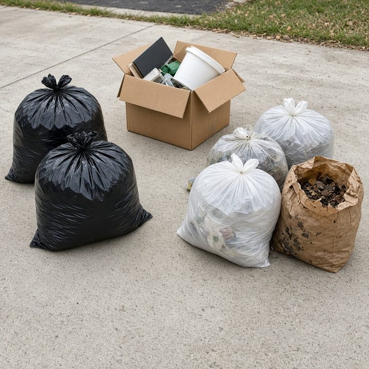Tied trash bags and a box of household junk on a driveway