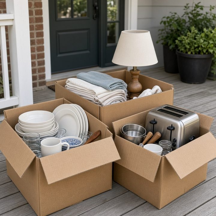 Boxed dishes, linens, a lamp, and a toaster ready for pickup