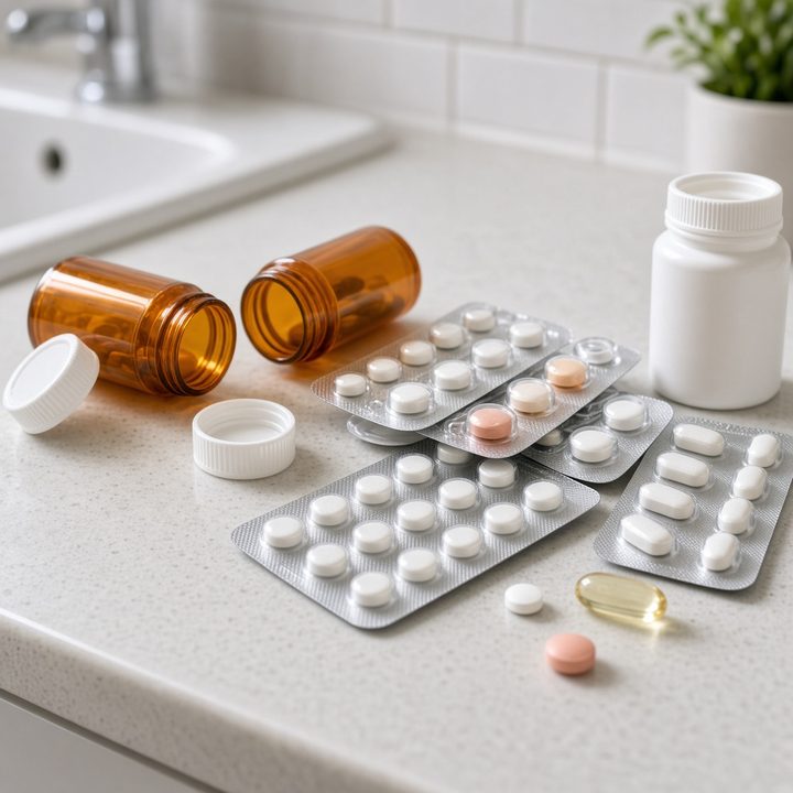 Prescription bottles and pill packs on a bathroom counter