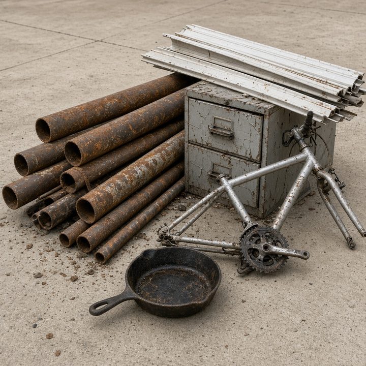 Scrap metal pipes, a filing cabinet, a bike frame, and a skillet on a driveway