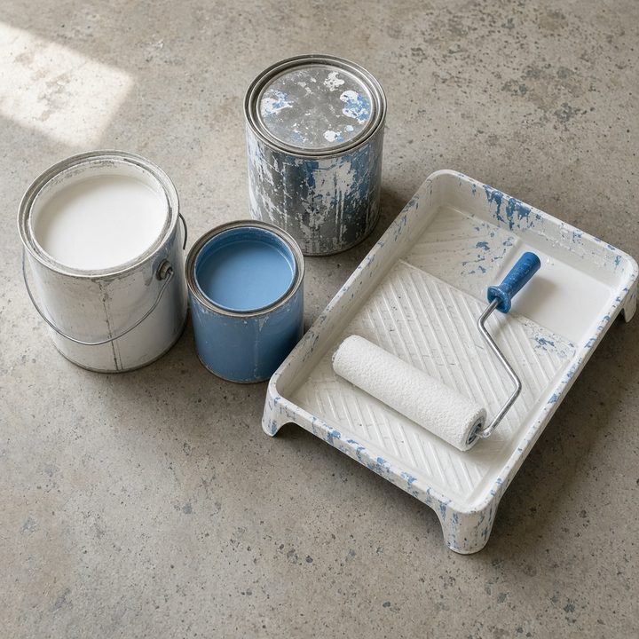 Open paint cans and a roller tray on a garage floor