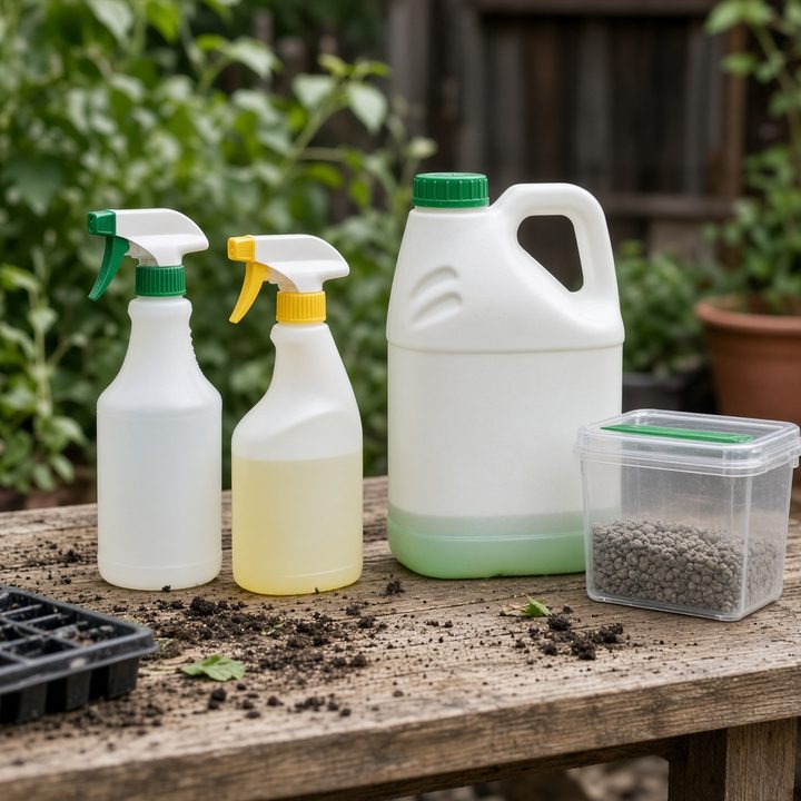 Garden spray bottles and a herbicide jug on a potting bench